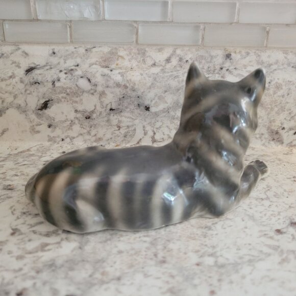 Vintage Ceramic Cat Figurine Gray & Black Striped Design Germany Stamp - Picture 4 of 8